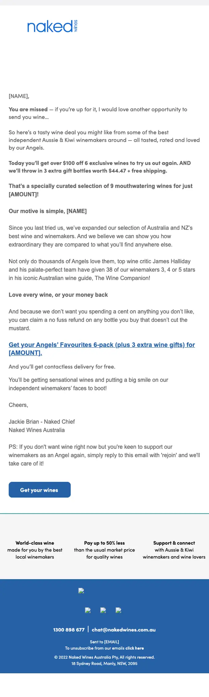Naked Wines Australia re engagement email, full length