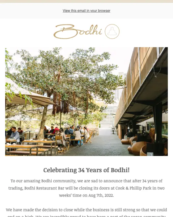Bodhi Restaurant Bar newsletter email