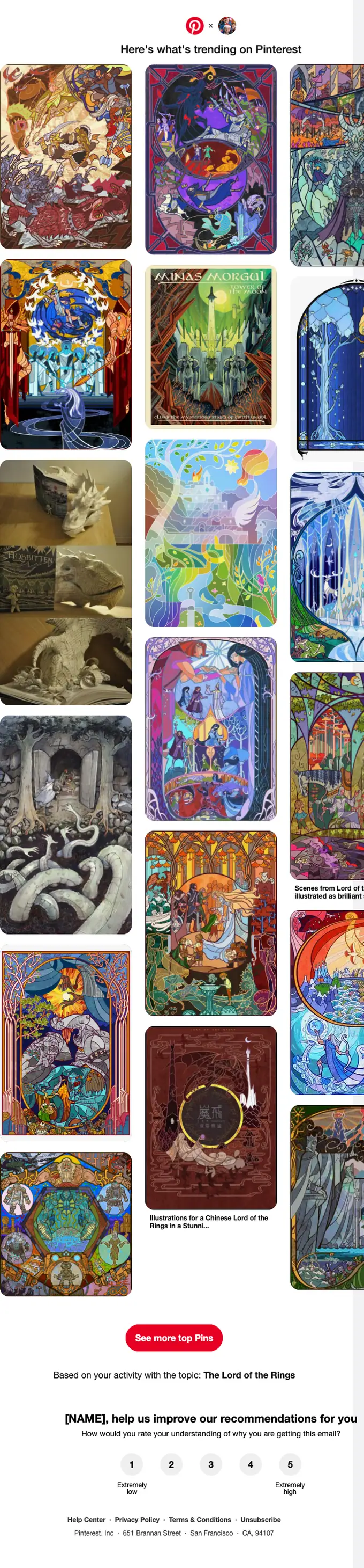 Pinterest digest email, full length
