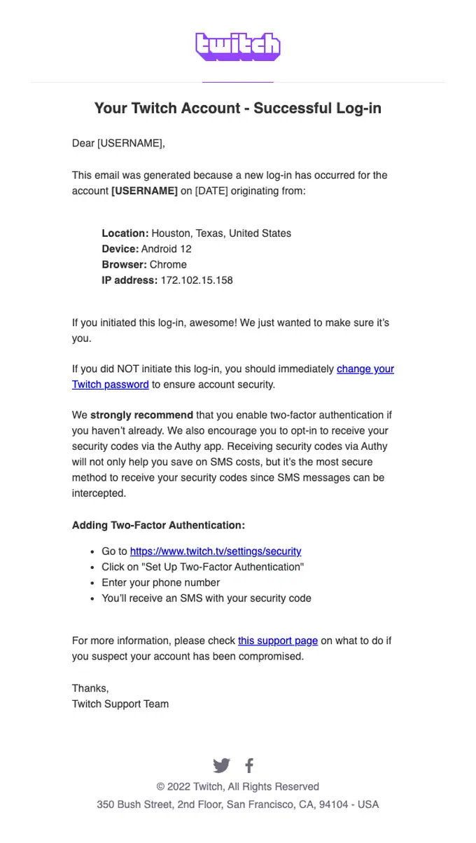 Twitch security alert email, full length