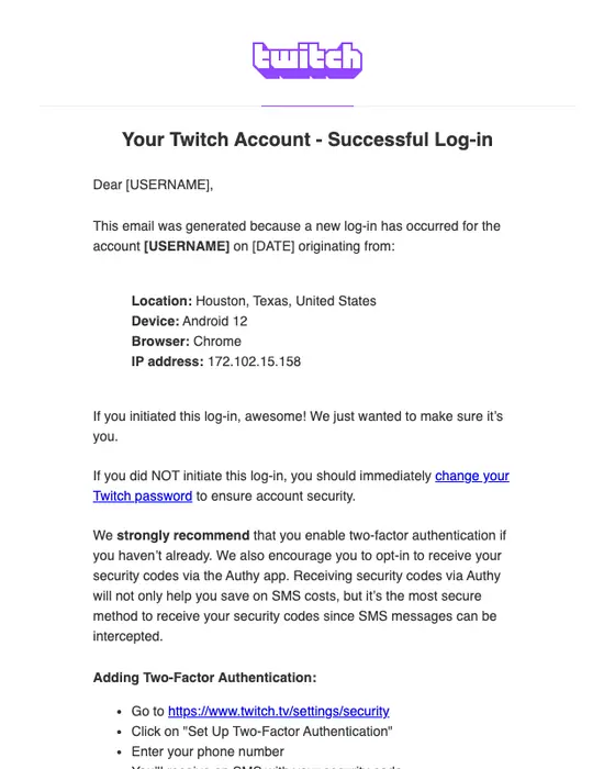 Twitch security alert email