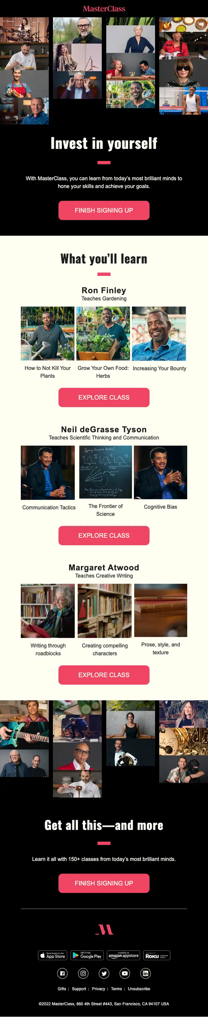 MasterClass re engagement email, full length