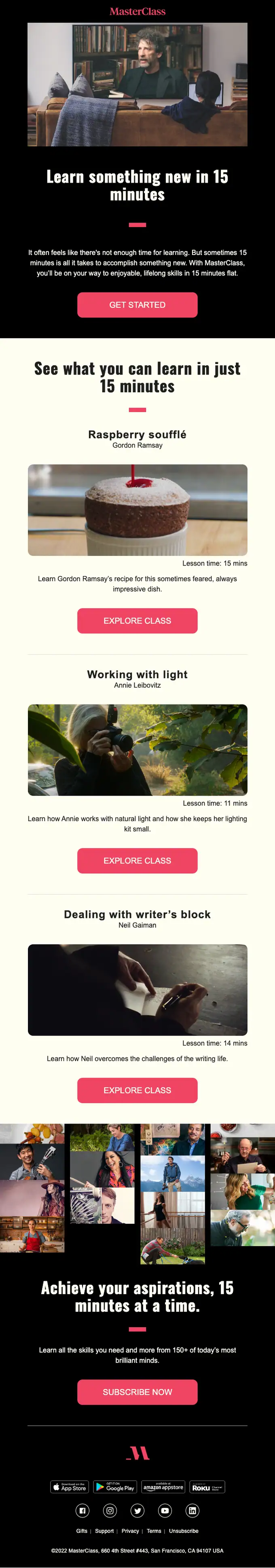 MasterClass promotional email, full length