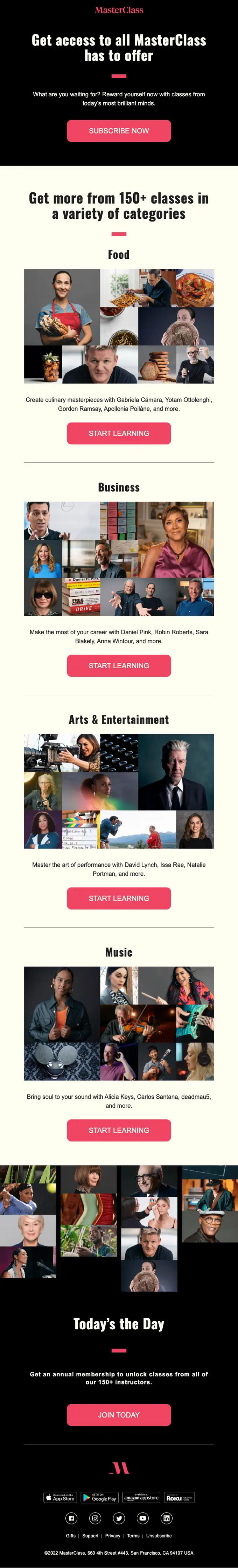 MasterClass promotional email, full length