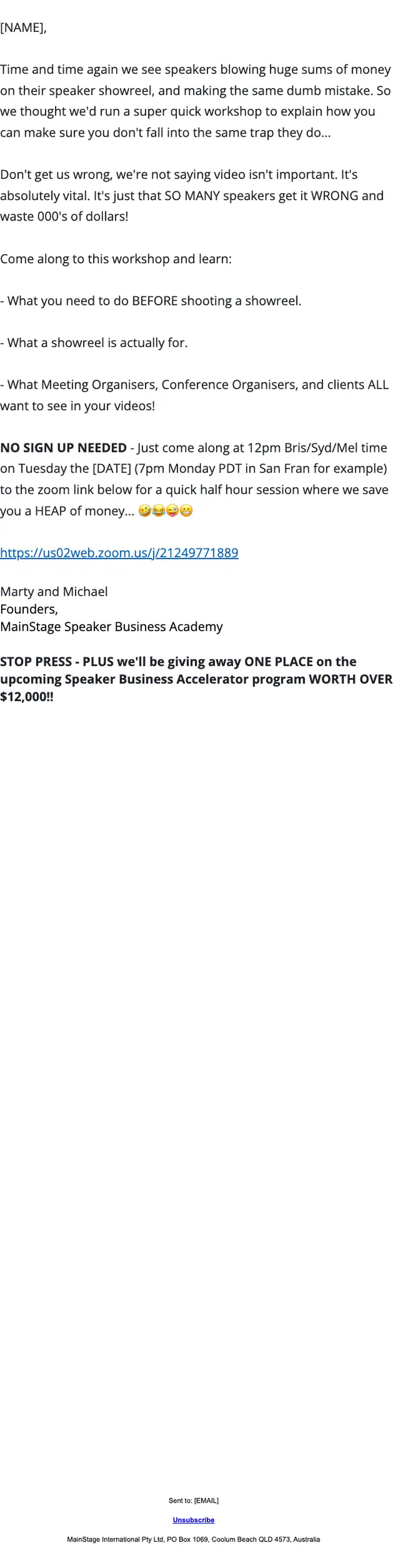 MainStage Speaker Business Academy webinar email, full length