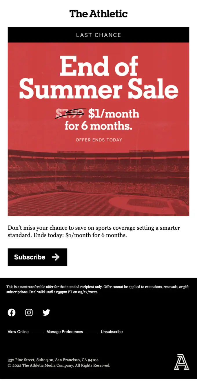 The Athletic discount offer email, full length