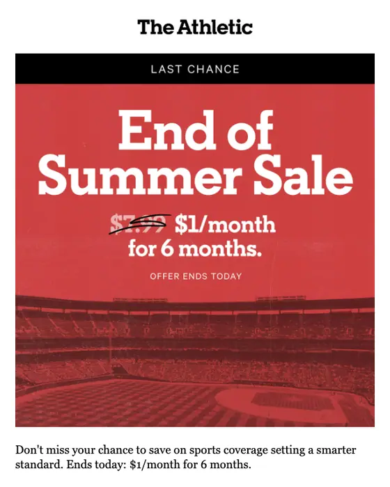 The Athletic discount offer email
