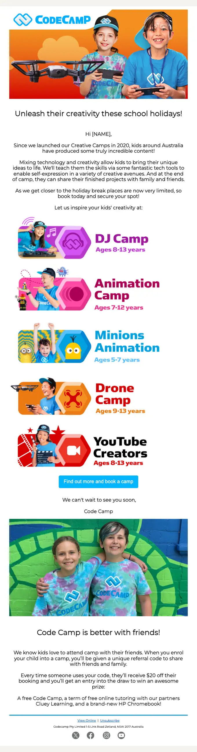 Code Camp promotional email, full length
