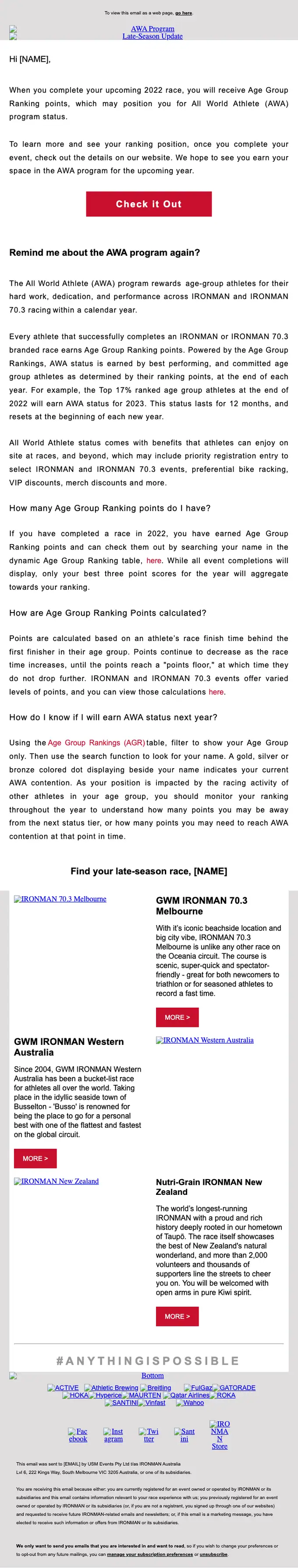 IRONMAN All World Athlete account notice email, full length
