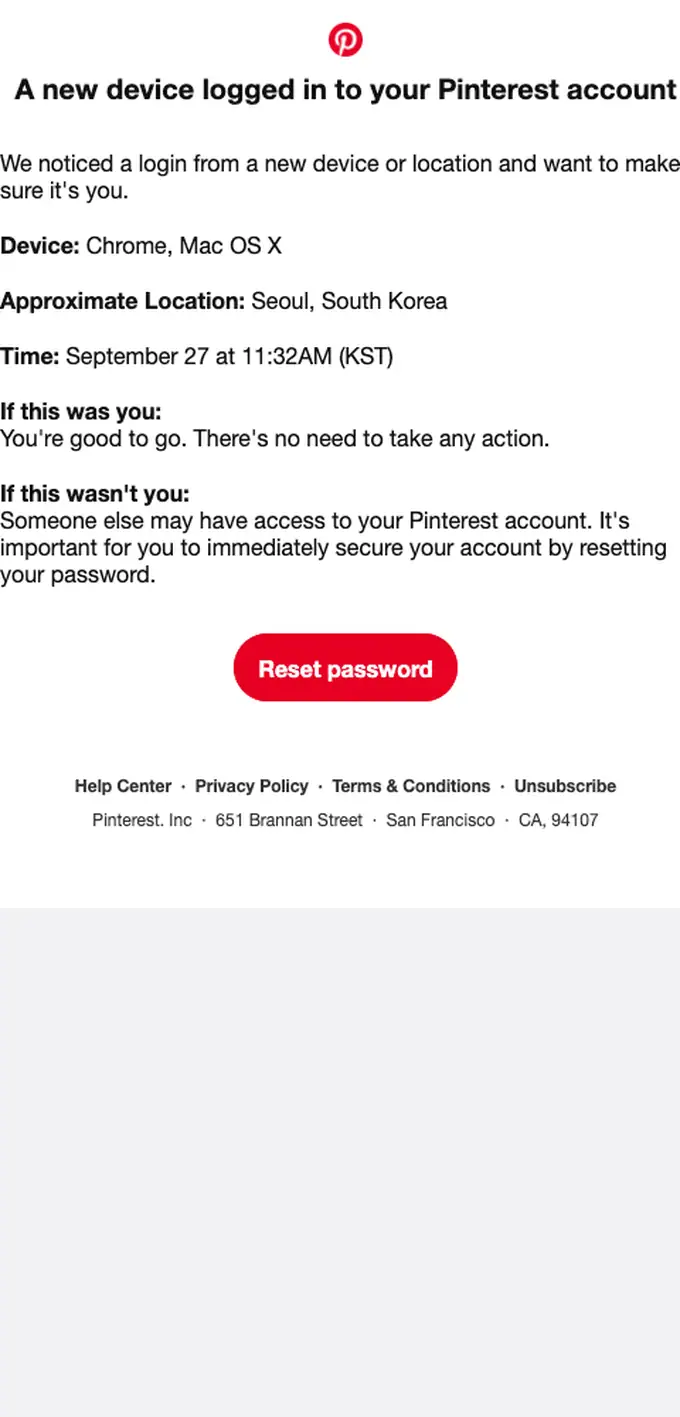 Pinterest security alert email, full length