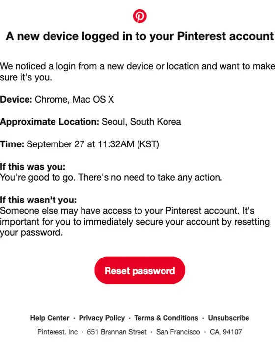 Pinterest security alert email