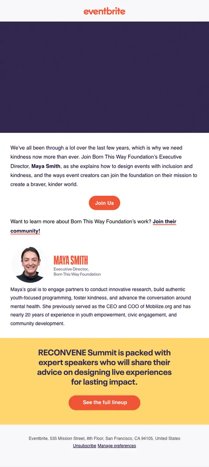 Eventbrite promotional email, full length