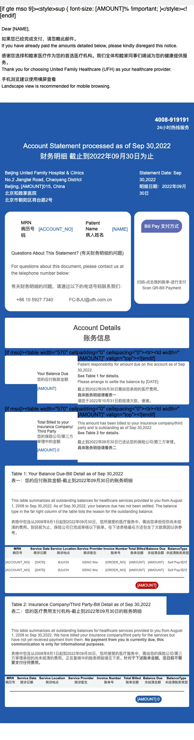 Beijing United Family Hospital and Clinics account notice email, full length