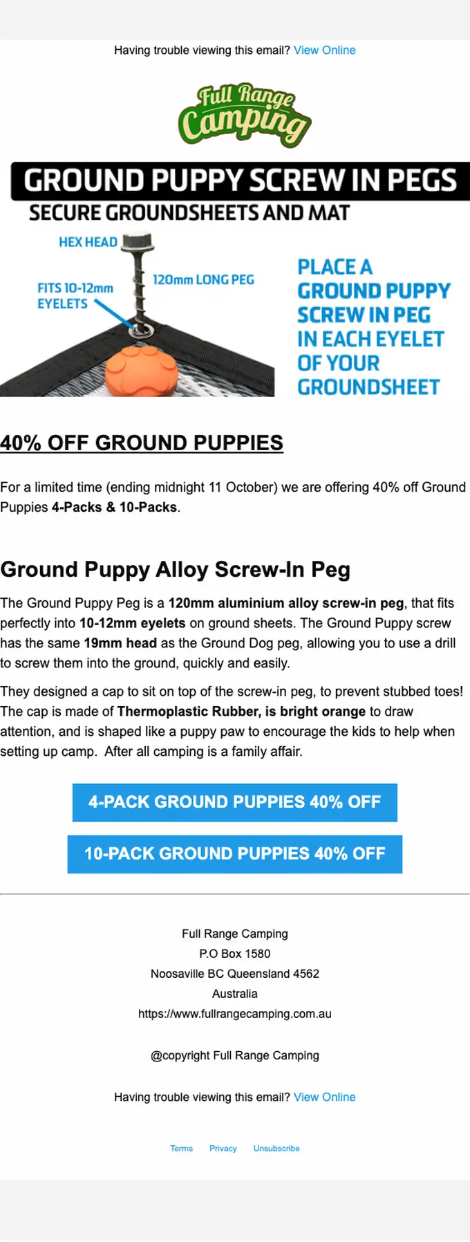 Full Range Camping discount offer email, full length