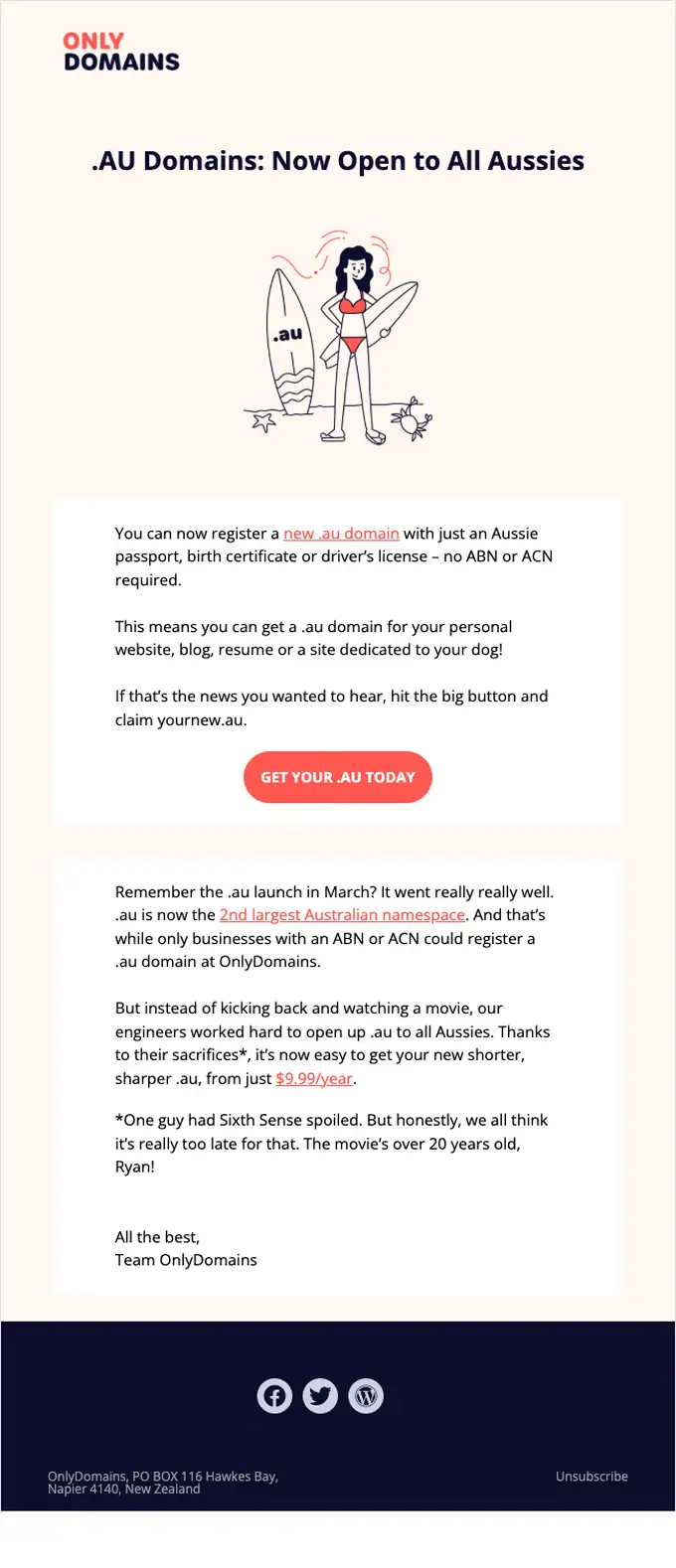 OnlyDomains promotional email, full length