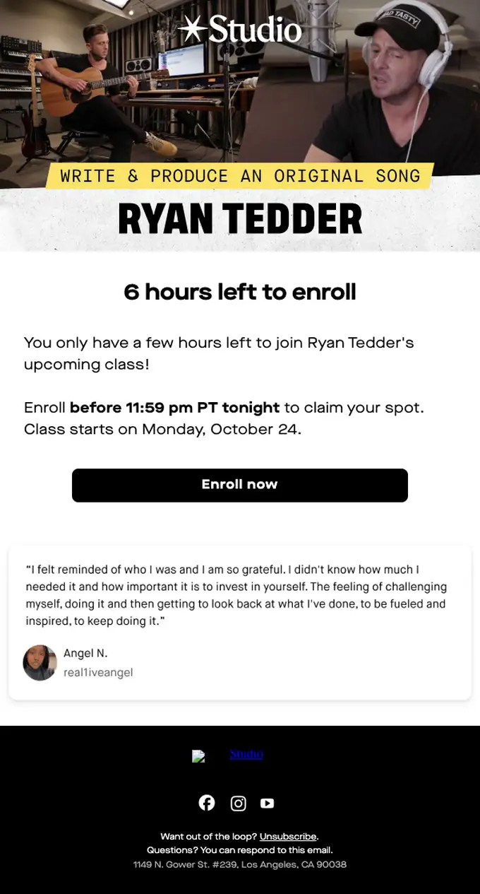 Studio expiration notice email, full length