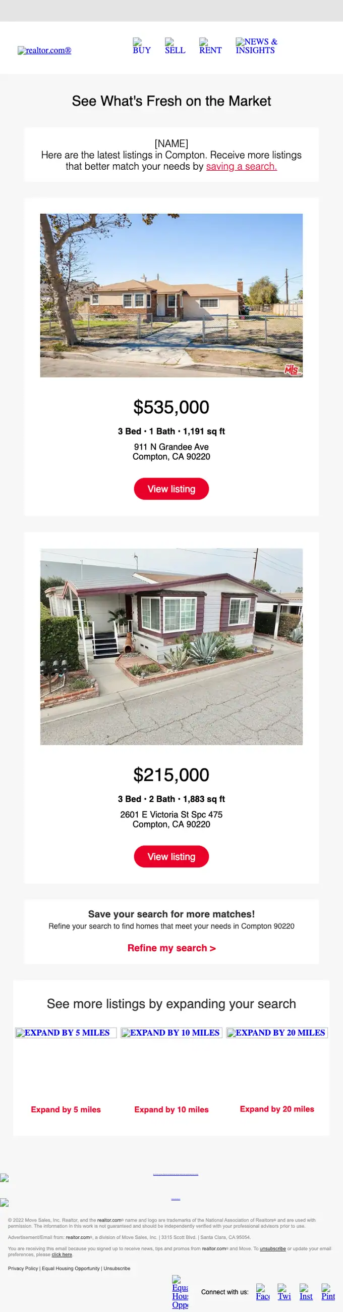 realtor.com job alert email, full length