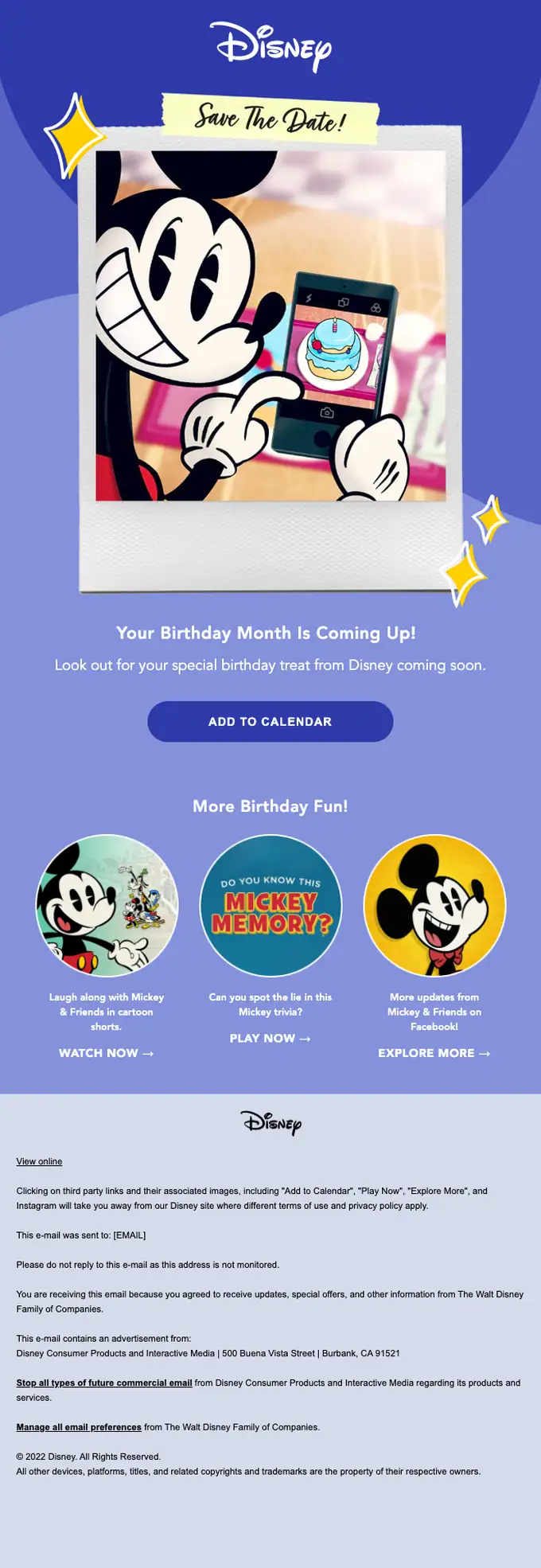 Disney event invite email, full length