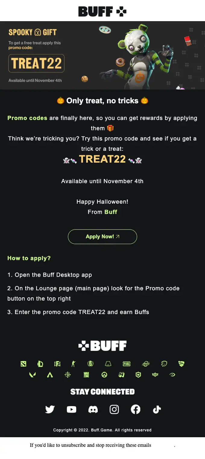 Buff Game promotional email, full length