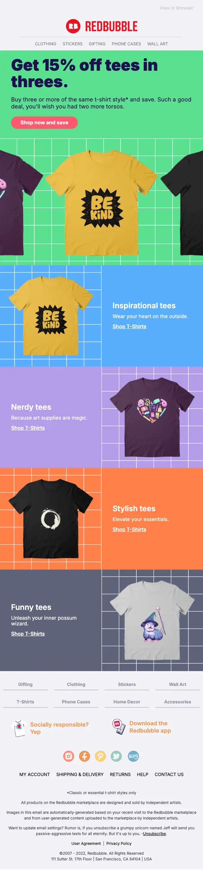 Redbubble promotional email, full length
