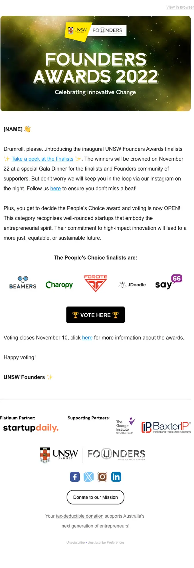 UNSW Founders event invite email, full length