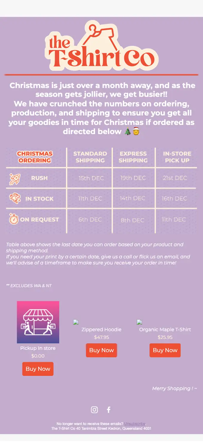 The T-Shirt Co seasonal email, full length
