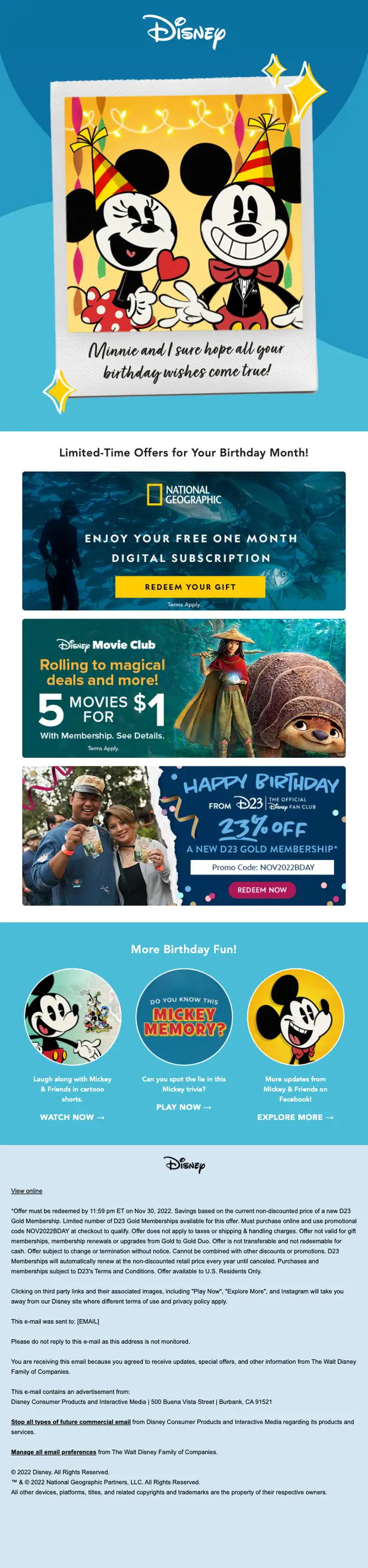My Disney promotional email, full length