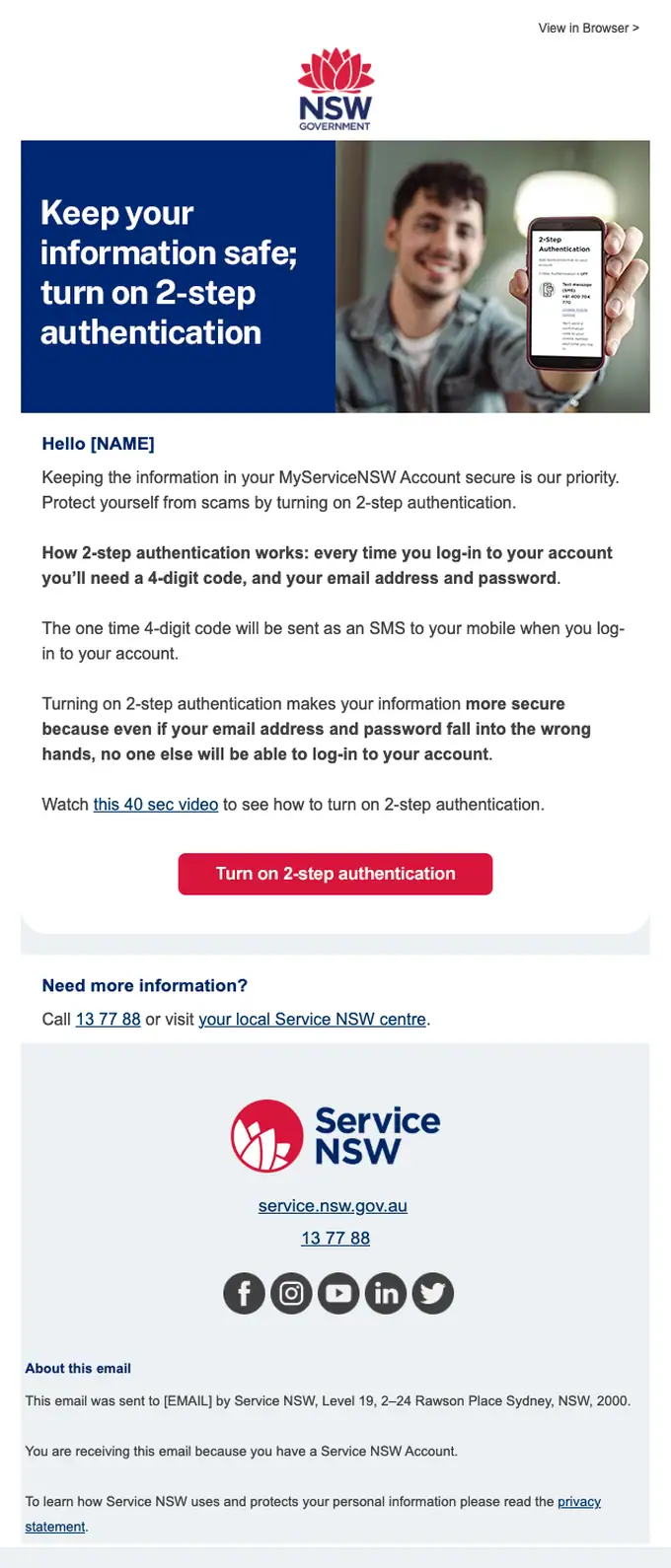 Service NSW security alert email, full length