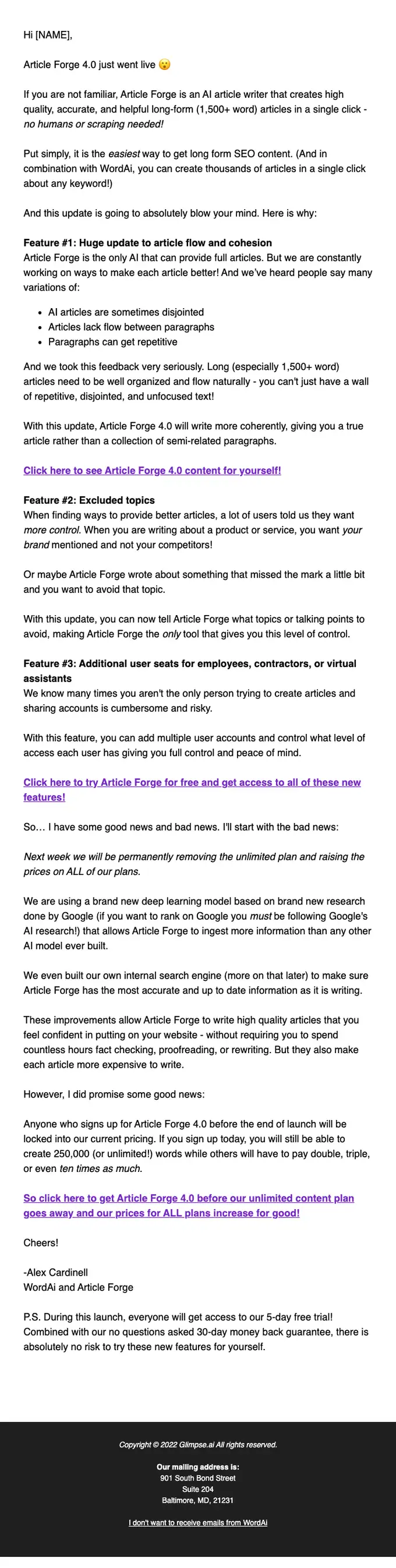 WordAi product launch email, full length