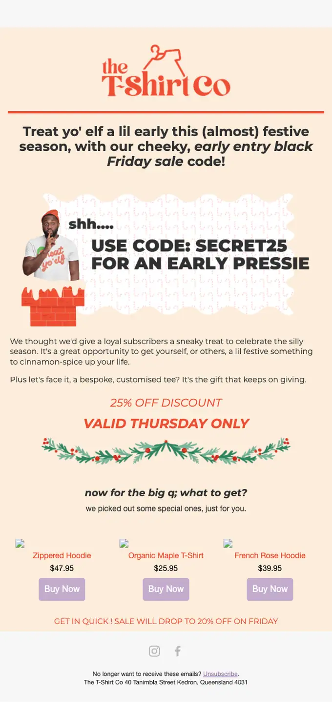 The T-Shirt Co discount offer email, full length