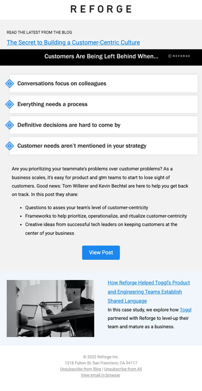 Reforge newsletter email, full length