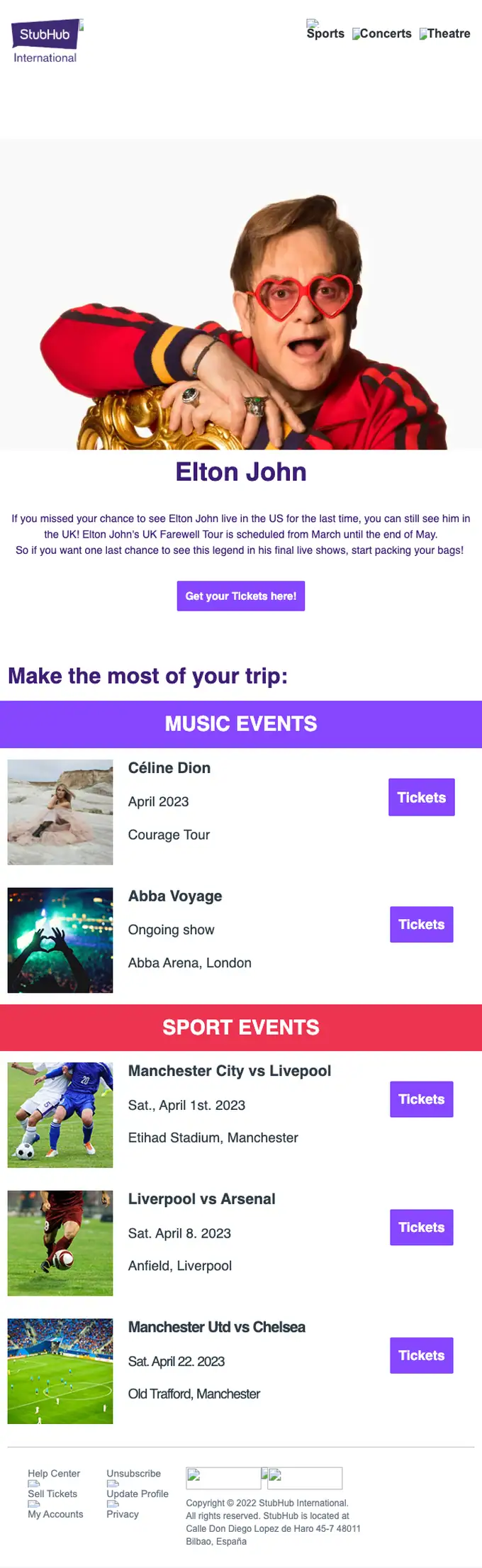 StubHub International promotional email, full length