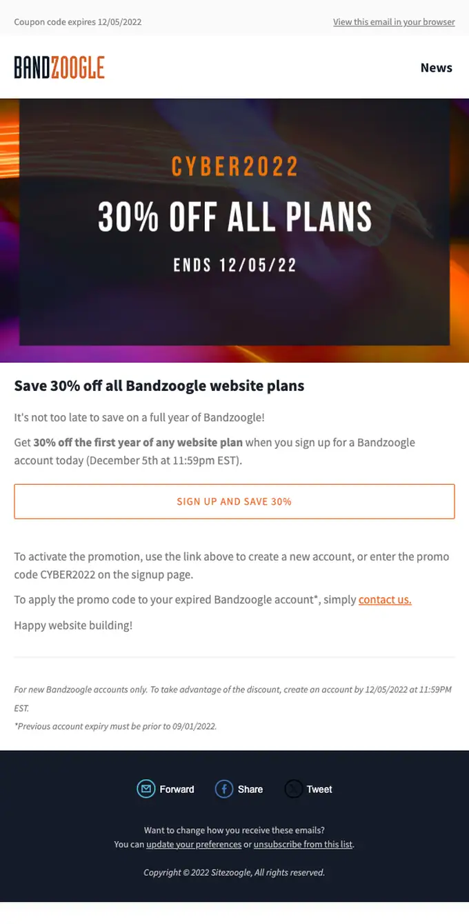 Bandzoogle discount offer email, full length