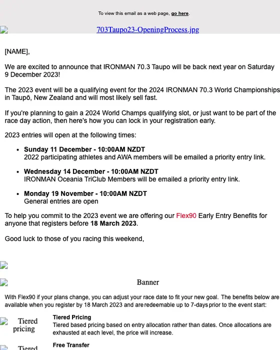 IRONMAN 70.3 Taupo event invite email