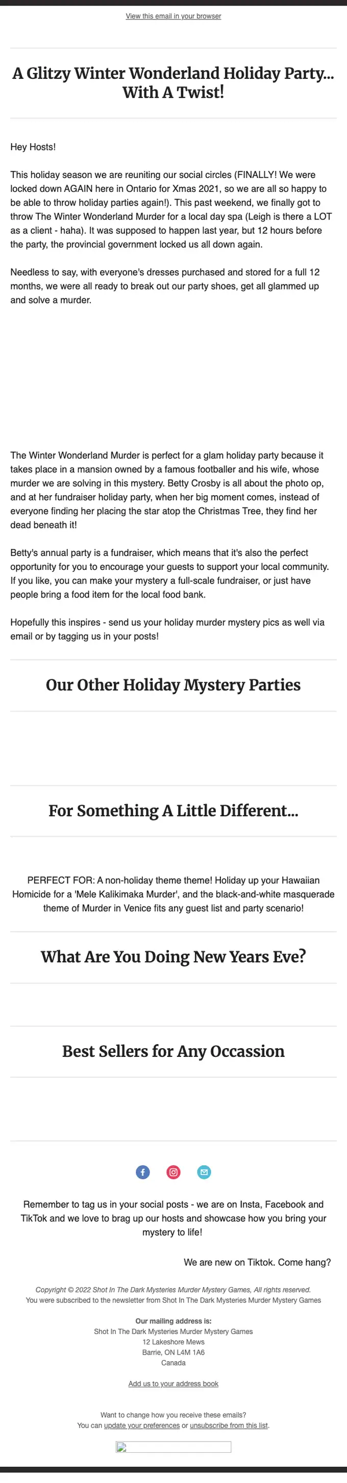 Shot In The Dark Mysteries Murder Mystery Games promotional email, full length