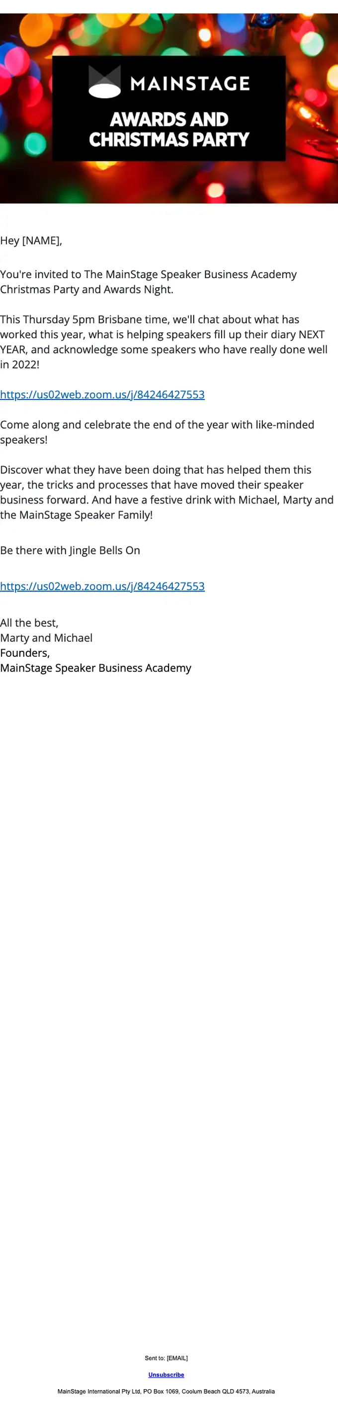 MainStage Speaker Business Academy event invite email, full length