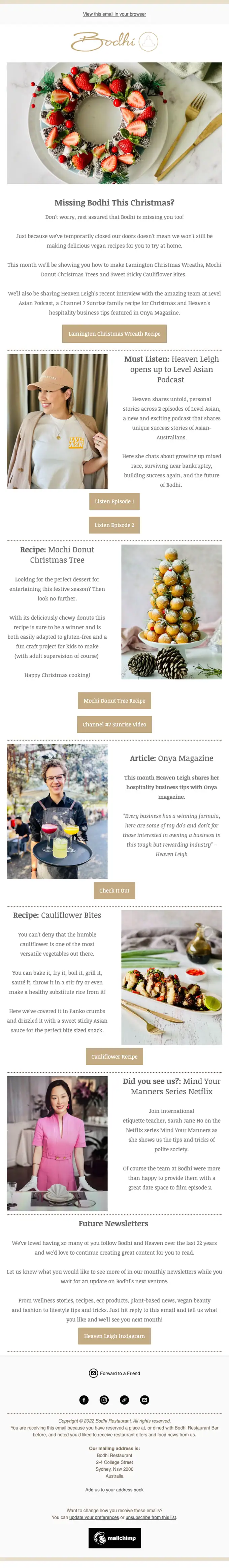 Bodhi Restaurant Bar newsletter email, full length
