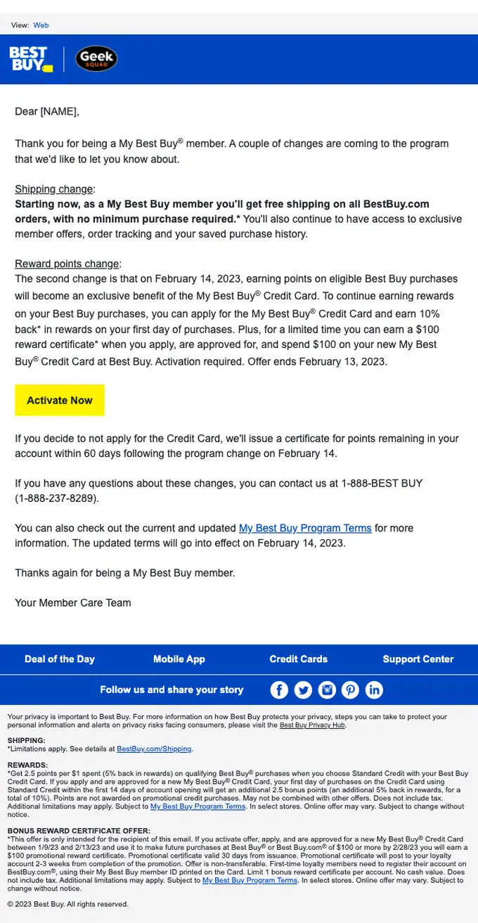 My Best Buy account notice email, full length