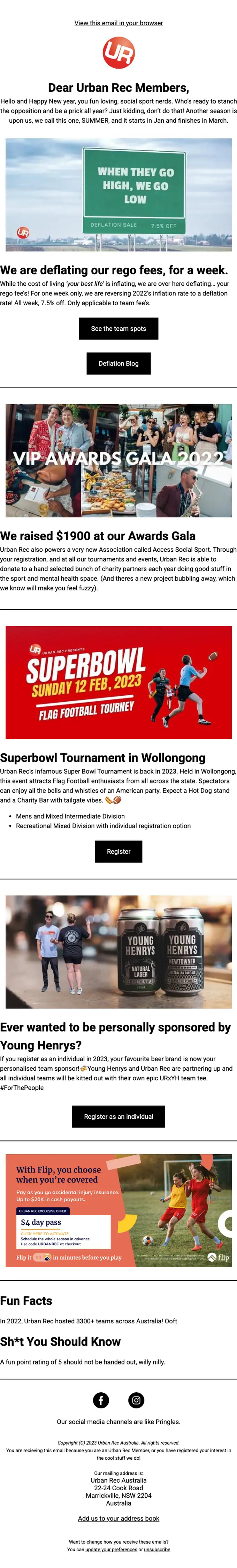 Urban Rec Sydney promotional email, full length