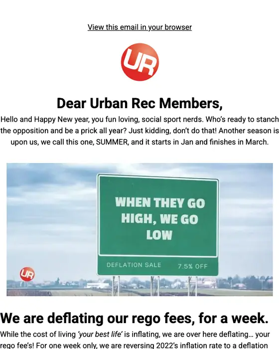 Urban Rec Sydney promotional email