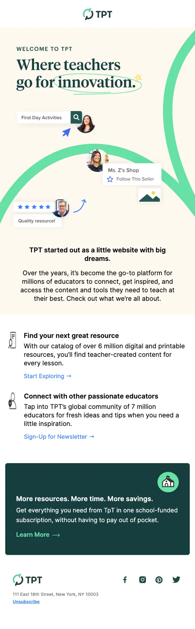 Teachers Pay Teachers welcome email, full length