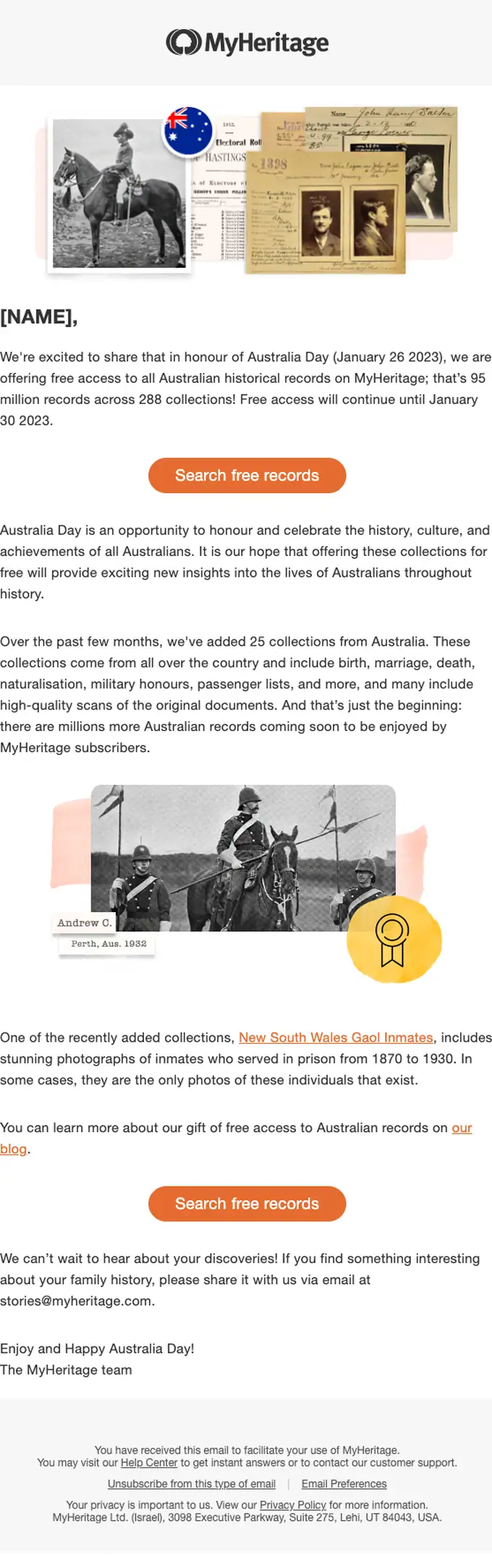 MyHeritage promotional email, full length