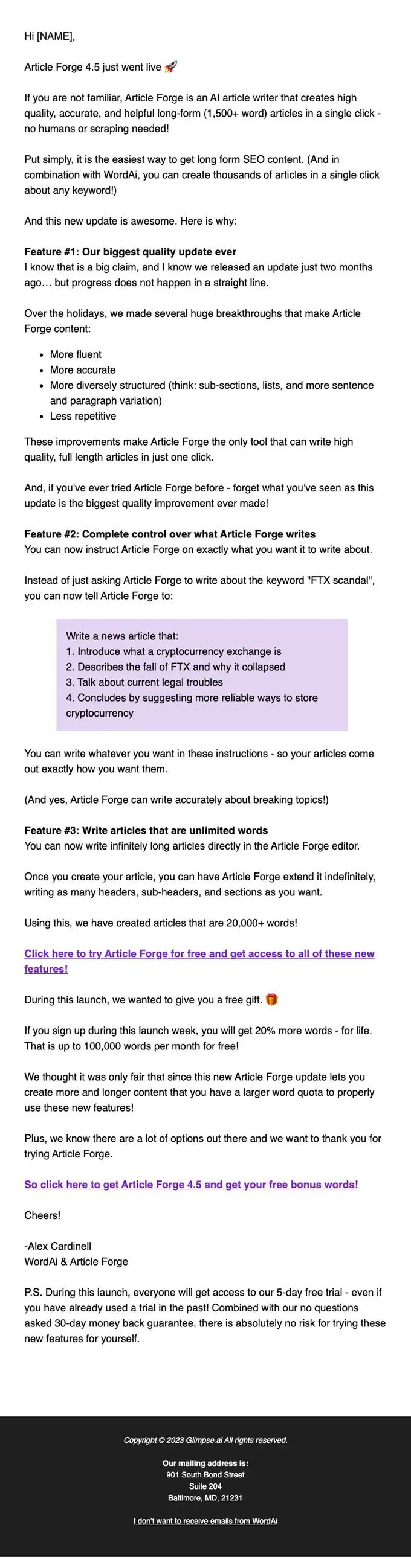 WordAi product launch email, full length