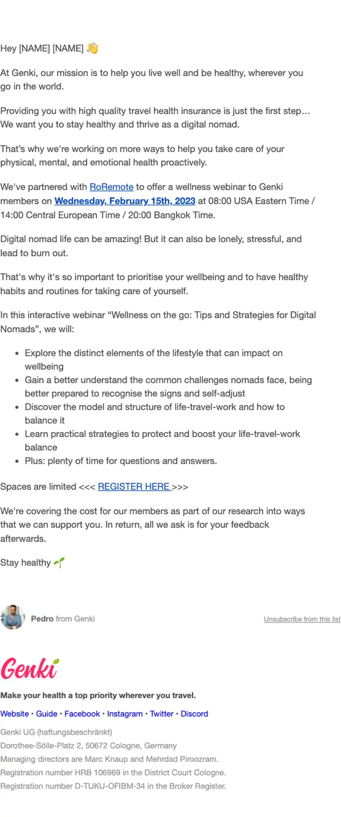 Genki webinar email, full length
