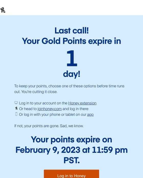 Honey expiration notice email
