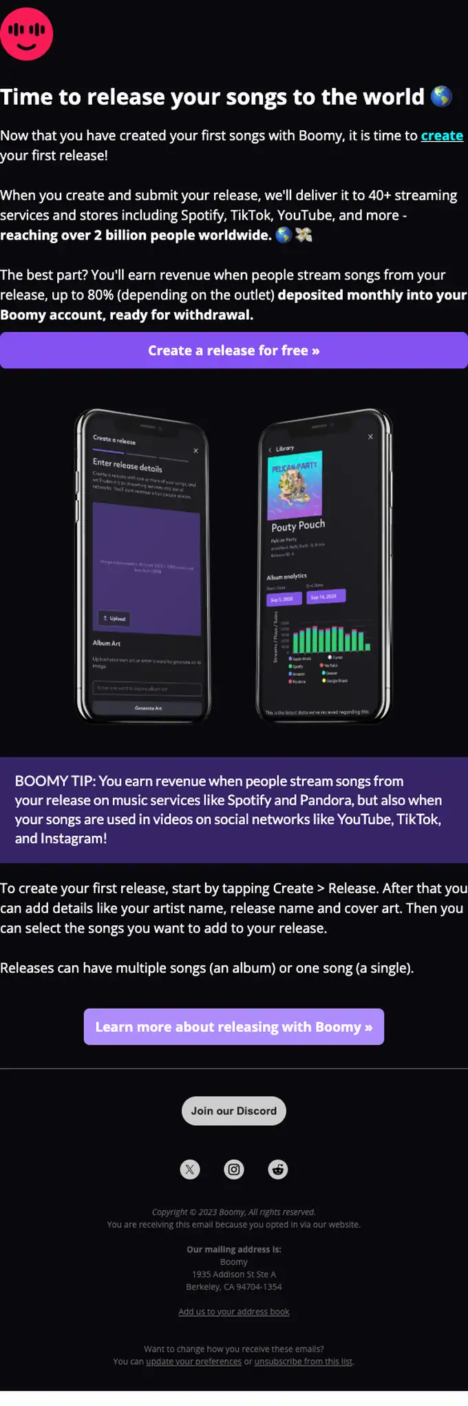 Boomy promotional email, full length