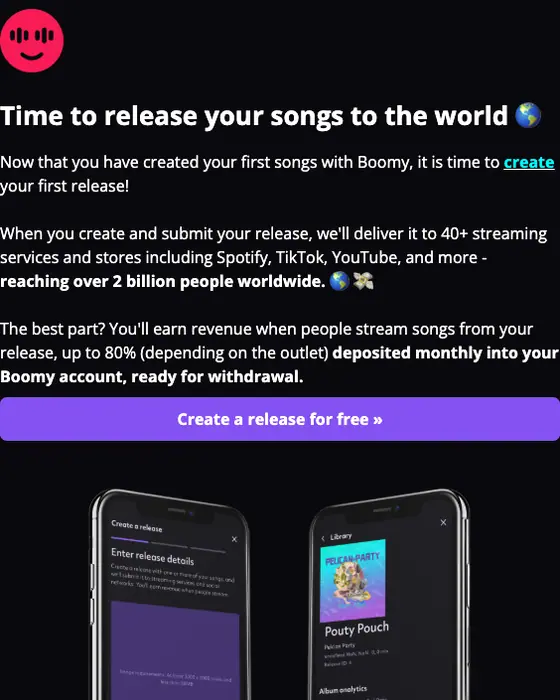 Boomy promotional email
