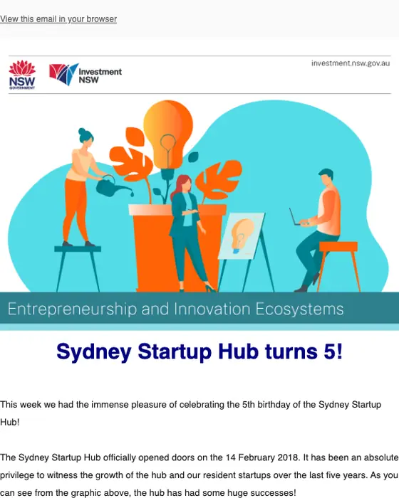 Sydney Startup Hub newsletter email