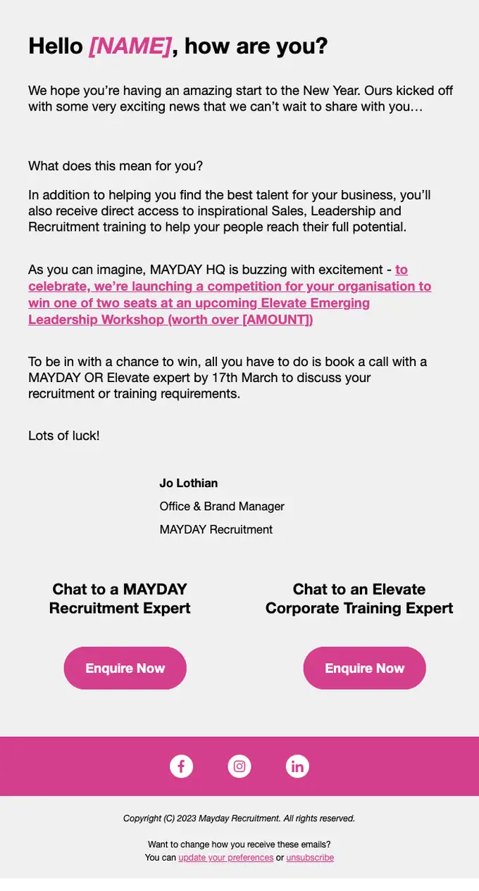 MAYDAY Recruitment Group promotional email, full length
