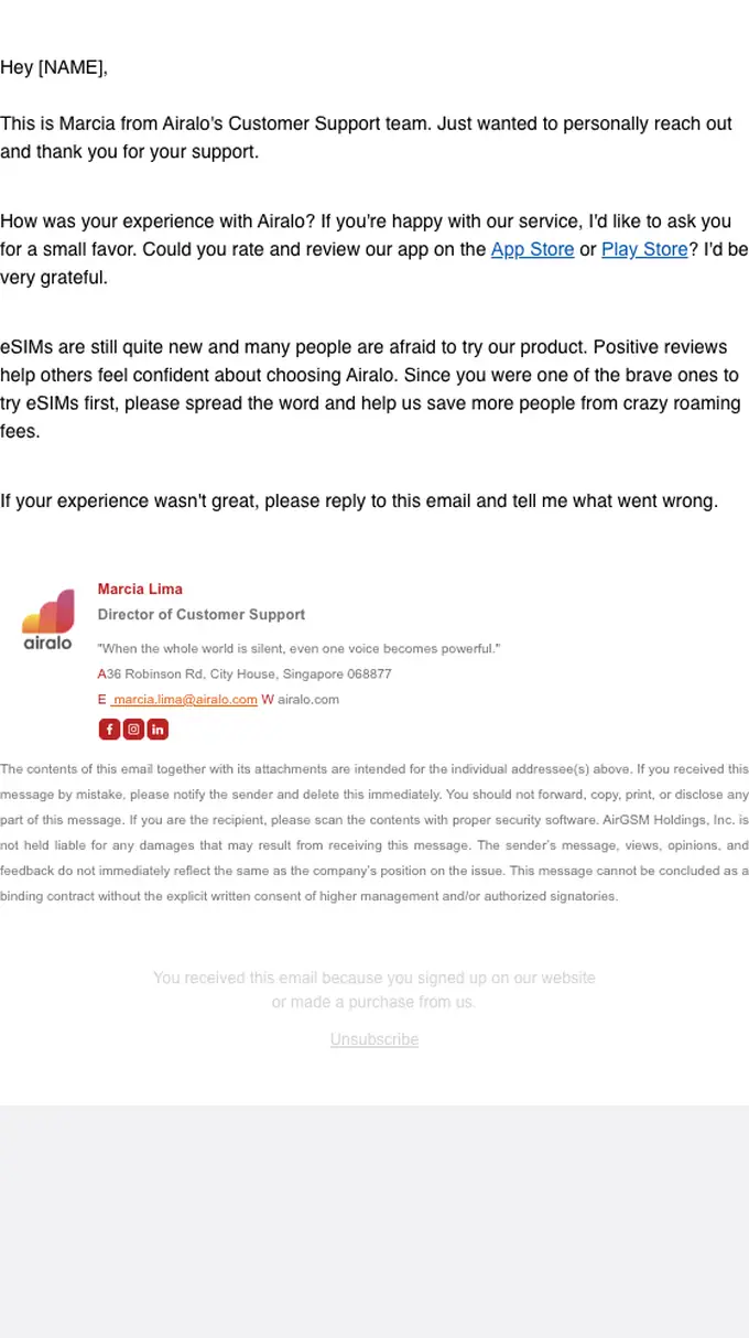 Airalo survey email, full length